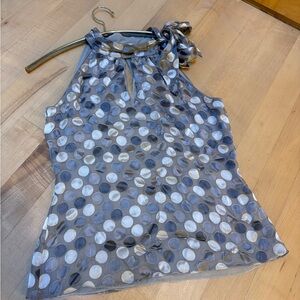 White House/ Black Market Sleeveless Polka Dot Halter Top with Neck Tie - Gray